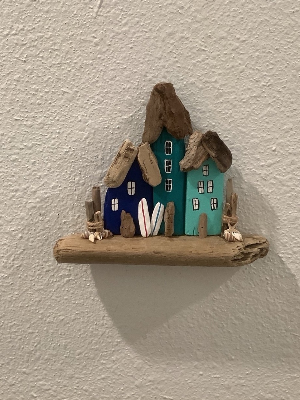 Driftwood Art, Driftwood Beach Houses w/Surfboards, Driftwood Coastal Decor